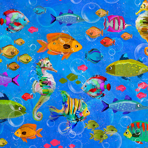 Shining Sea Fishes Galore in Multi by Connie Haley for 3 Wishes 21690 - Sold by the Half Yard