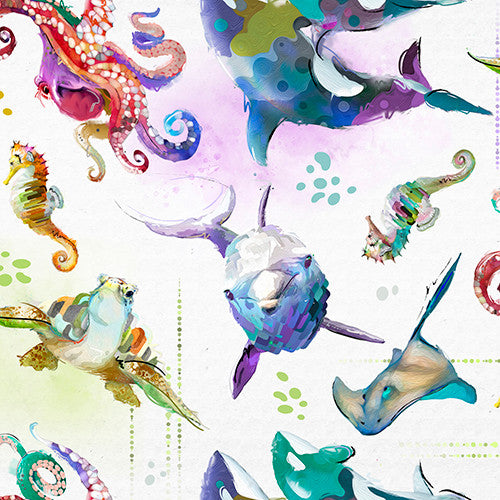 Shining Sea Allover Sea Life in White by Connie Haley for 3 Wishes 21689 - Sold by the Half Yard
