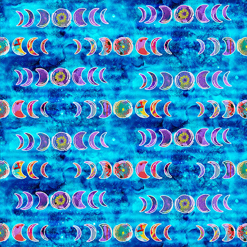 Stargazer Moon Phases in Blue by Dean Russo for 3 Wishes 21640 - Sold by the Half Yard