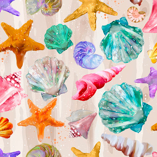 Shining Sea Seashells by the Seashore in Multi by Connie Haley for 3 Wishes 21691 - Sold by the Half Yard
