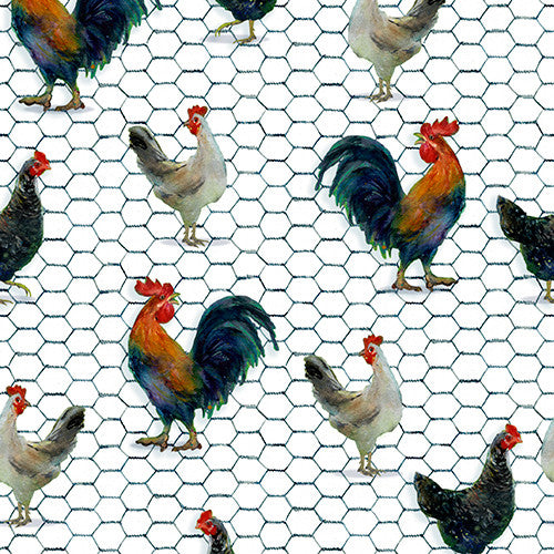 Country Living Chicken Dance in White by John Keeling for 3 Wishes 21681 - Sold by the Half Yard