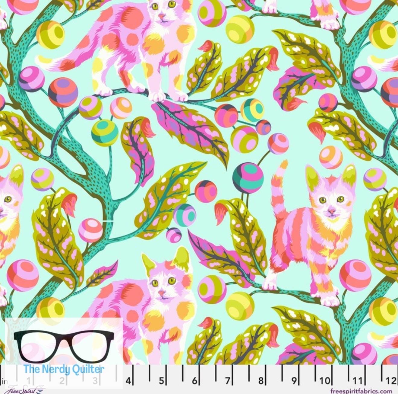 Tabby Road Deja Vu Disco Kitty in Technomint by Tula Pink for Freespirit - Sold by the Half Yard PWTP092.TECHNOMINT