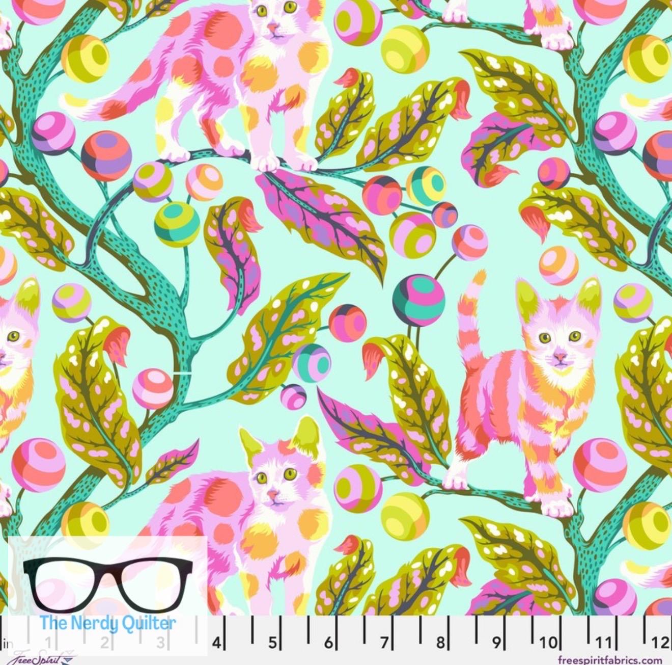 Tabby Road Deja Vu Disco Kitty in Technomint by Tula Pink for Freespirit - Sold by the Half Yard PWTP092.TECHNOMINT