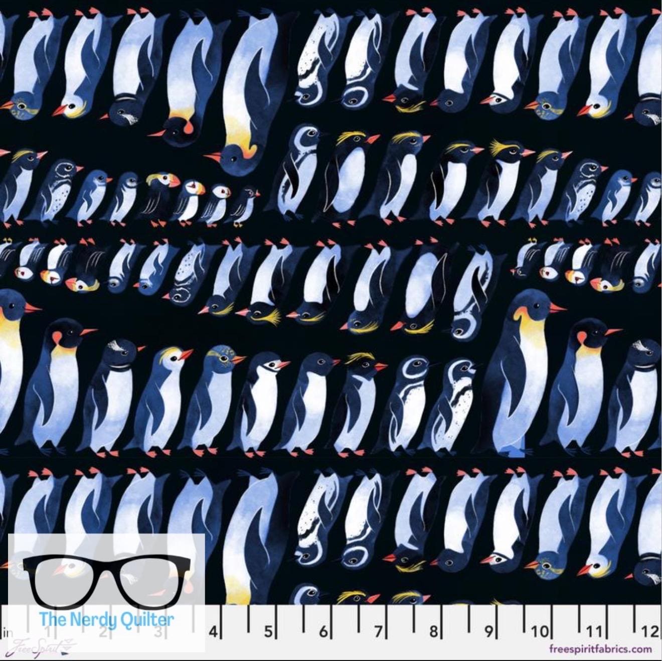 Polar Seas Penguins and Puffins in Black by Daughter Earth for Freespirit - Sold by the Half Yard