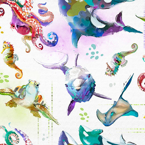 Shining Sea Allover Sea Life in White by Connie Haley for 3 Wishes 21689