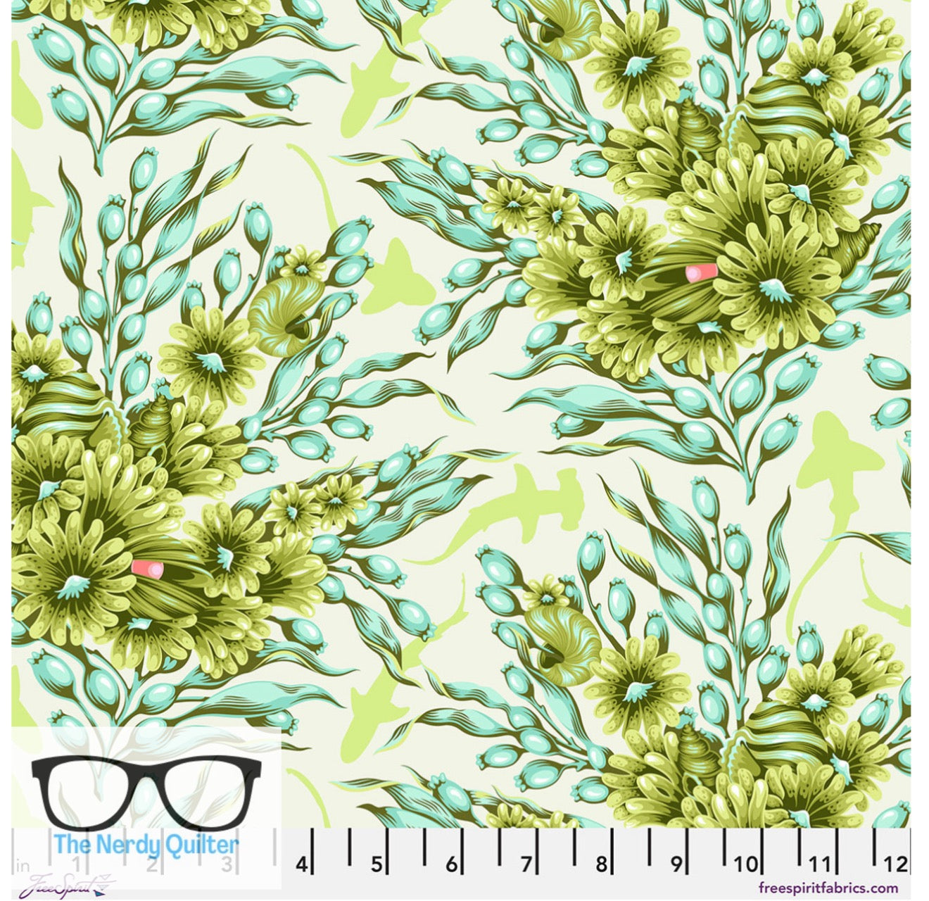Preorder: Floral Reef Shadow Sharks in Seagrass by Tula Pink for Freespirit - Sold by The Half Yard PWTP267.Seagrass