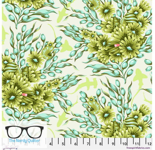 Preorder: Floral Reef Shadow Sharks in Seagrass by Tula Pink for Freespirit - Sold by The Half Yard PWTP267.Seagrass