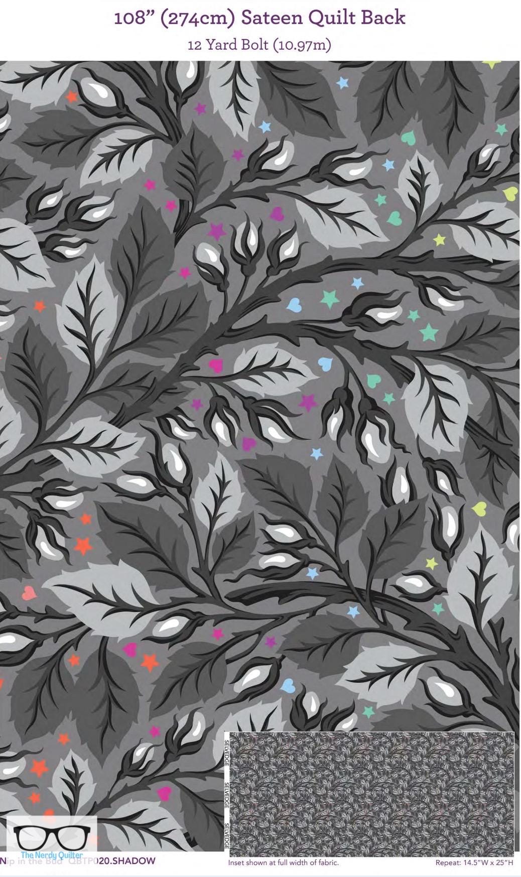 Preorder: Brilliant Beauties of Joy Graywork Nip in the Bud  108 Sateen Wideback Finishing Kit by Tula Pink for Freespirit  QBTP020.SHADOW