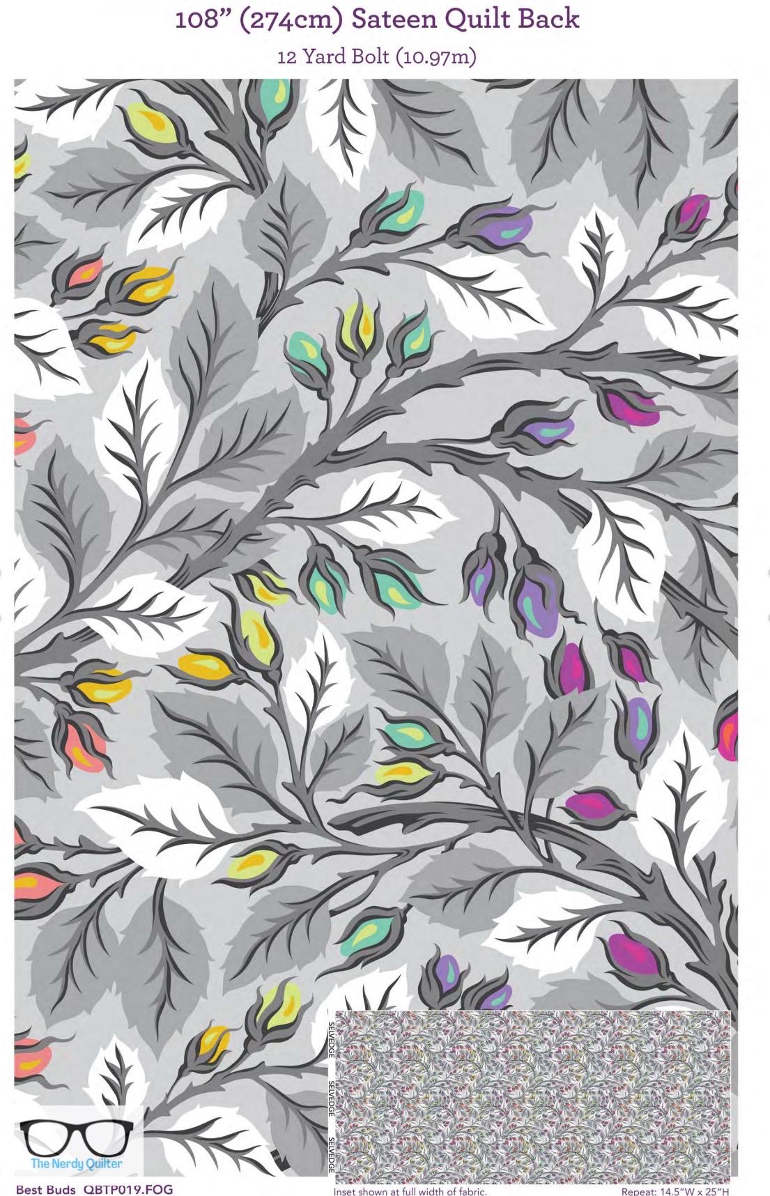 Preorder: Brilliant Beauties of Joy Graywork Best Buds 108 Sateen Wideback Finishing Kit by Tula Pink for Freespirit  QBTP019.Fog