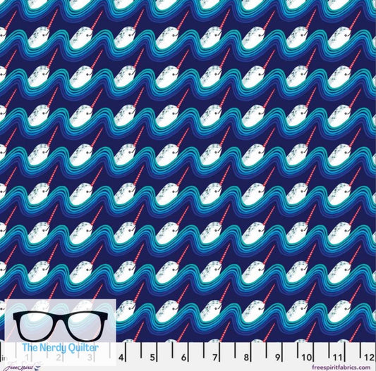 Polar Seas Magical Narwhal in Dark Blue by Daughter Earth for Freespirit - Sold by the Half Yard