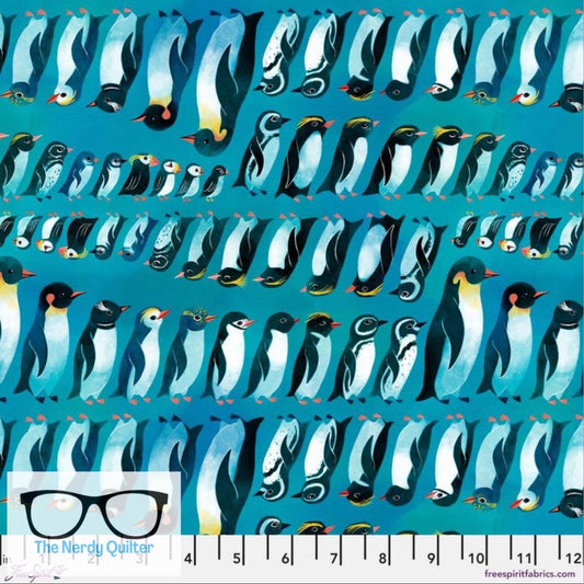 Polar Seas Penguins and Puffins in Aqua by Daughter Earth for Freespirit - Sold by the Half Yard