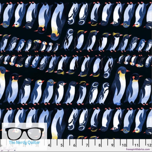 Polar Seas Penguins and Puffins in Black by Daughter Earth for Freespirit - Sold by the Half Yard