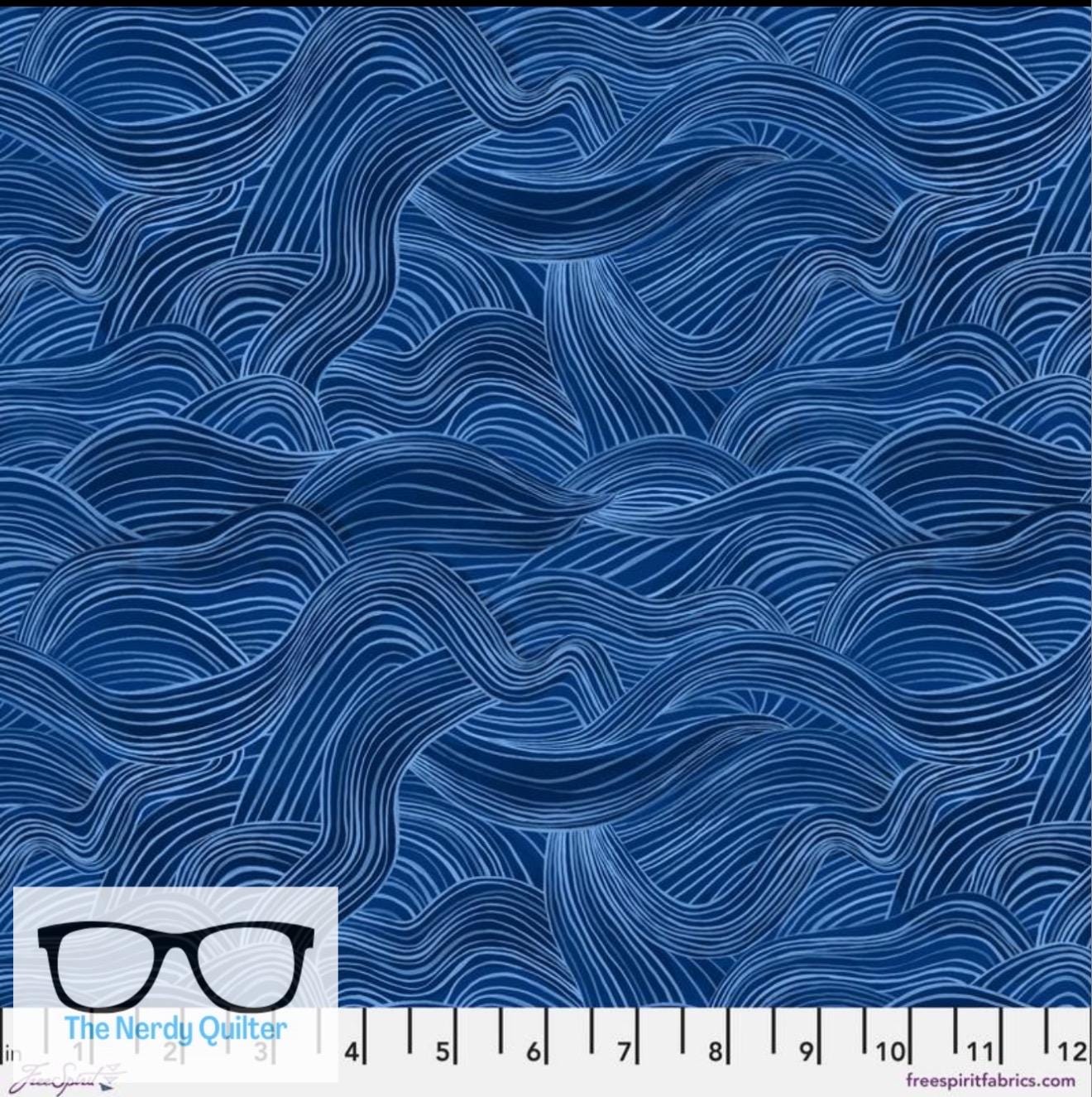 Polar Seas Watercolor Waves in Dark Blue by Daughter Earth for Freespirit - Sold by the Half Yard