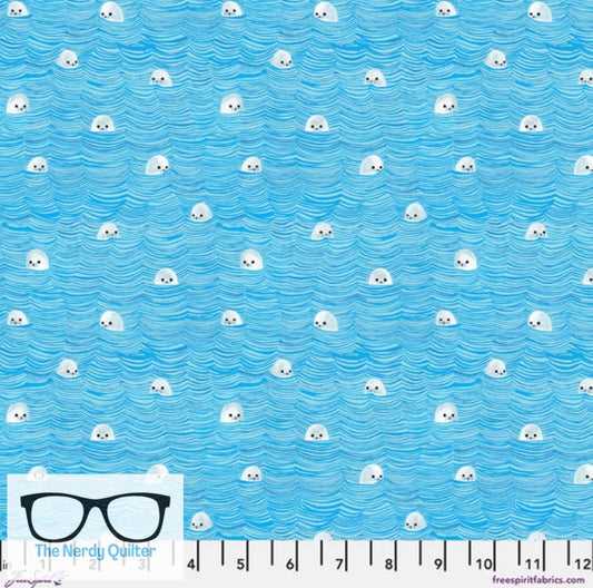 Polar Seas Wave Surfing Seals in Water by Daughter Earth for Freespirit - Sold by the Half Yard