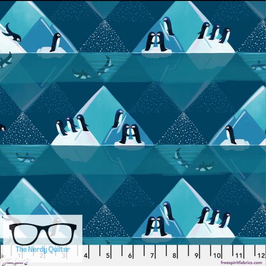 Polar Seas Penguin Playground in Turquoise by Daughter Earth for Freespirit - Sold by the Half Yard