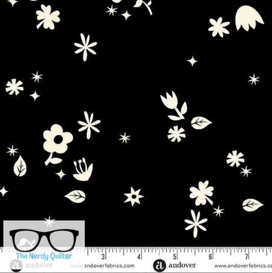 Birdie Cut Flowers in Jet by Libs Elliott for Andover A-1134-K - Sold by the Half Yard
