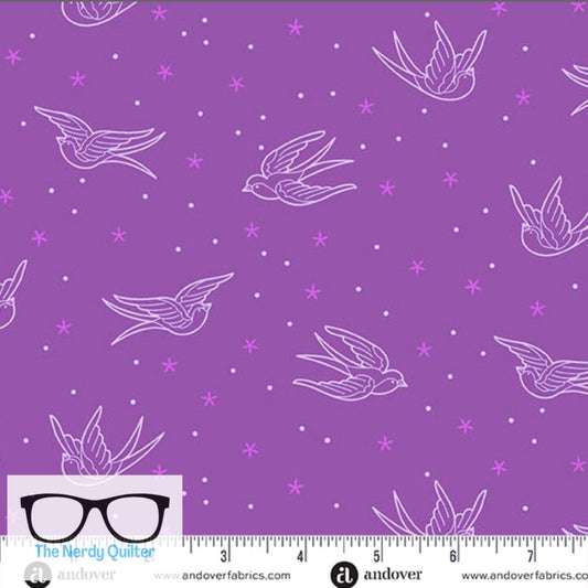 Preorder: Perfect Day Swallows in Purple by Libs Elliott for Andover A-10218-P - Sold by the Half Yard