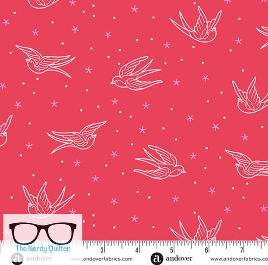 Preorder: Perfect Day Swallows in Red by Libs Elliott for Andover A-10218-R - Sold by the Half Yard