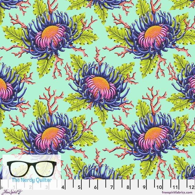 Preorder: Floral Reef Friends and Anenomes in Seafoam by Tula Pink for Freespirit - Sold by The Half Yard PWTP265.Seafoam