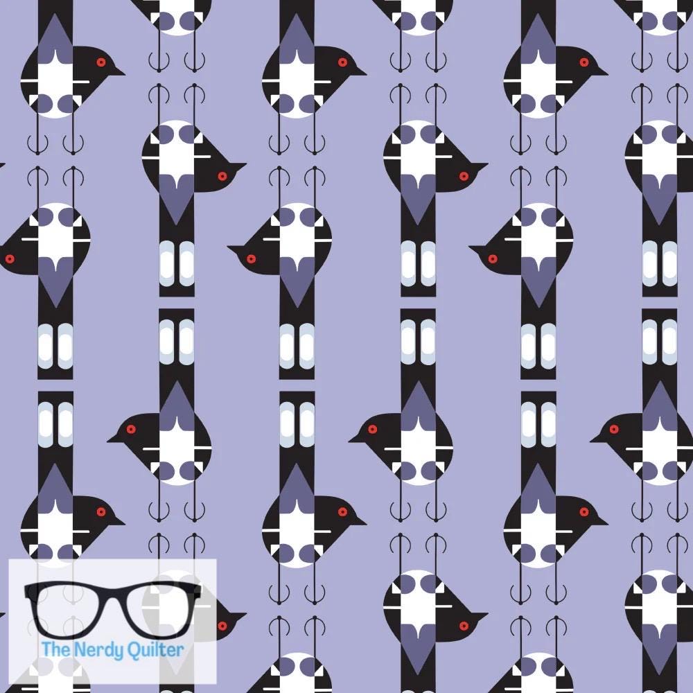Preorder: Charley Harper Woodland Wonders Spotted Tail Blackbird in Lavendar by Charlie Harper for Birch Fabrics - Sold by the Half Yard