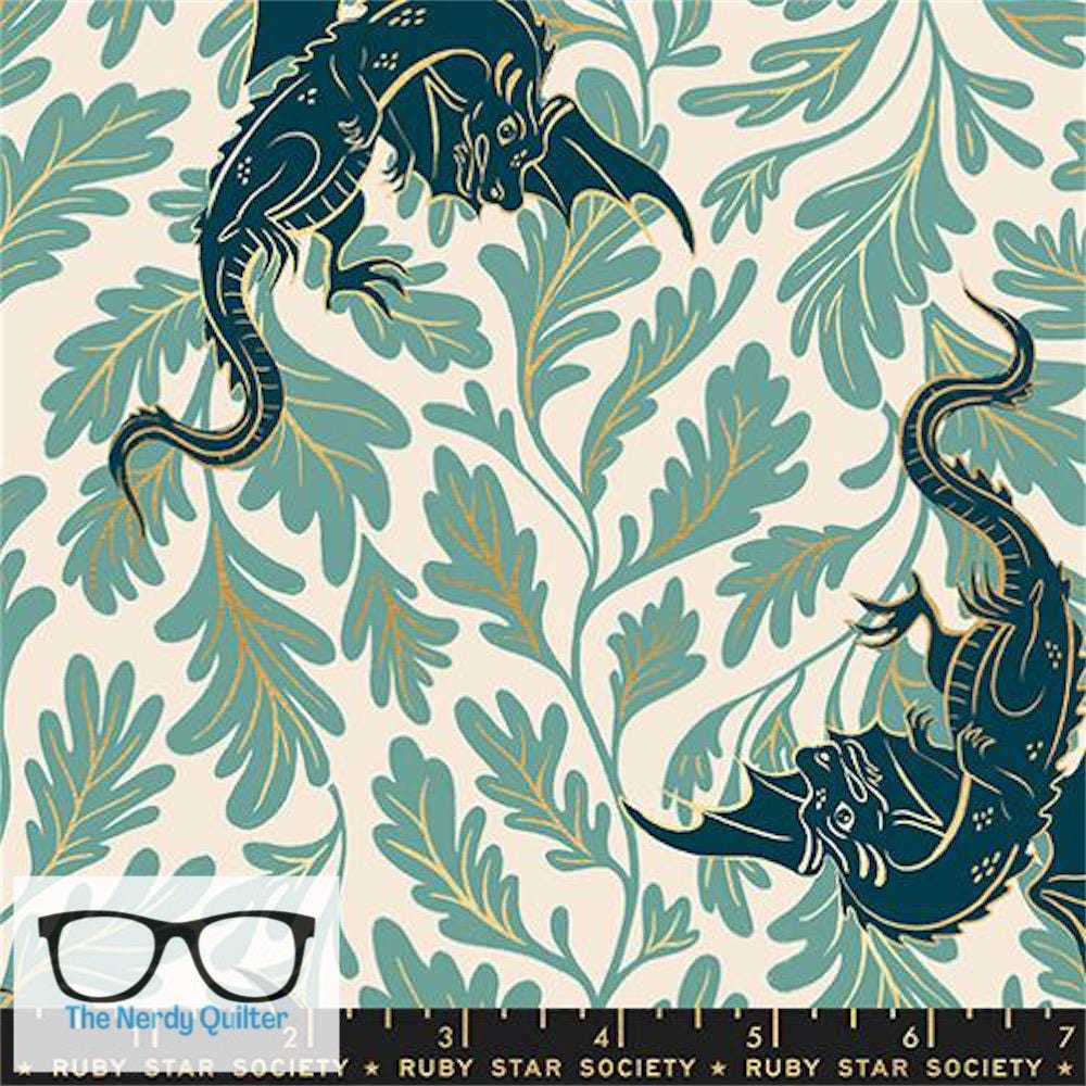 Preorder: Fireglow Flying Dragons in Metallic Watercress by Sarah Watts for Moda *October Delivery*