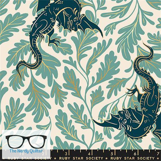 Preorder: Fireglow Flying Dragons in Metallic Watercress by Sarah Watts for Moda *October Delivery*