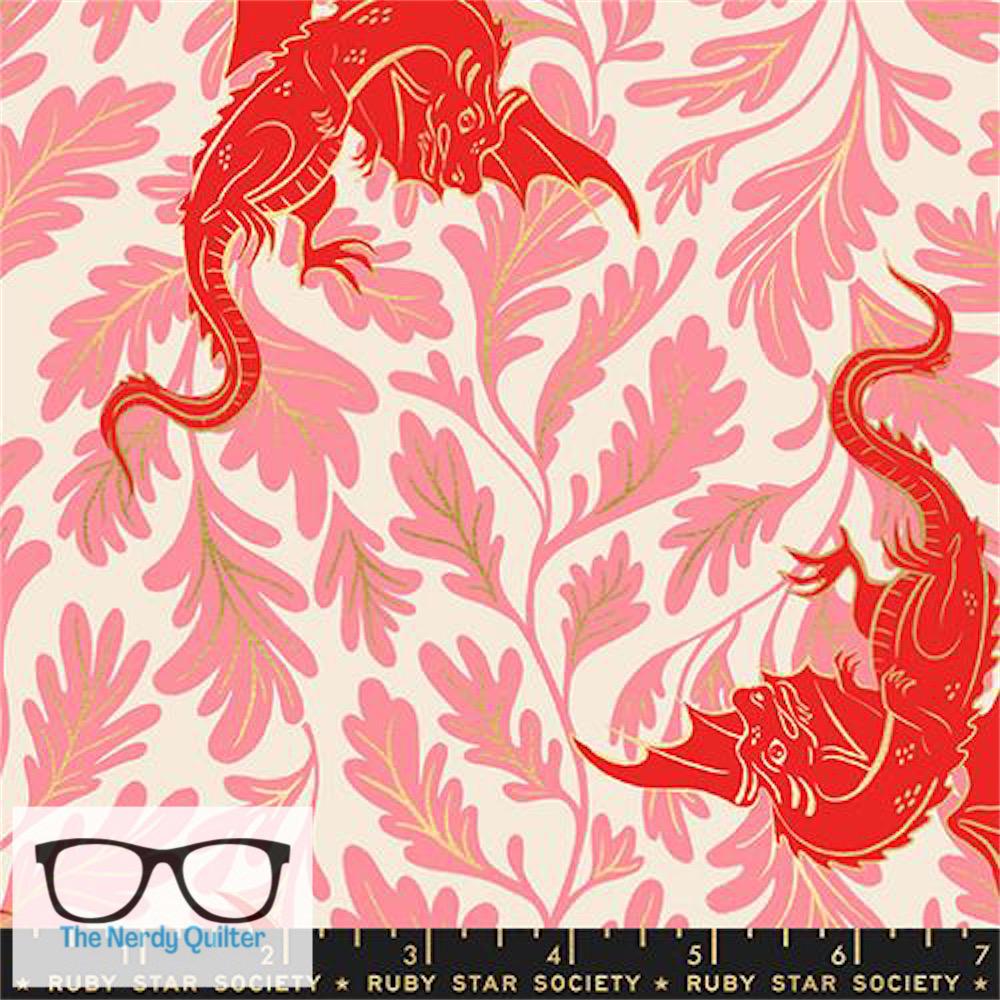 Preorder: Fireglow Flying Dragons in Metallic Dark Ruby by Sarah Watts for Moda *October Delivery*