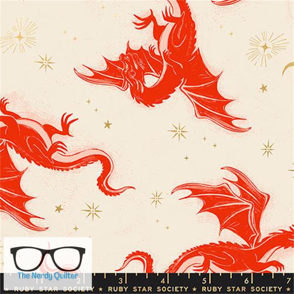 Preorder: Fireglow Flying Dragons in Metallic Dark Ruby by Sarah Watts for Moda *October Delivery*
