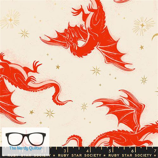 Preorder: Fireglow Flying Dragons in Metallic Dark Ruby by Sarah Watts for Moda *October Delivery*