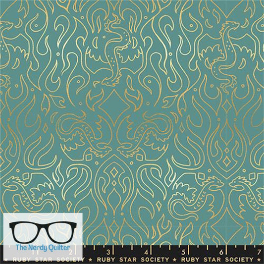 Preorder: Fireglow Dragon Scribe in Metallic Watercress by Sarah Watts for Moda *October Delivery*