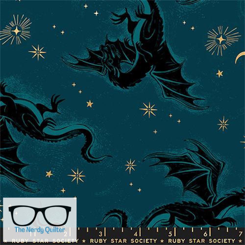 Preorder: Fireglow Flying Dragons in Metallic Galaxy by Sarah Watts for Moda *October Delivery*