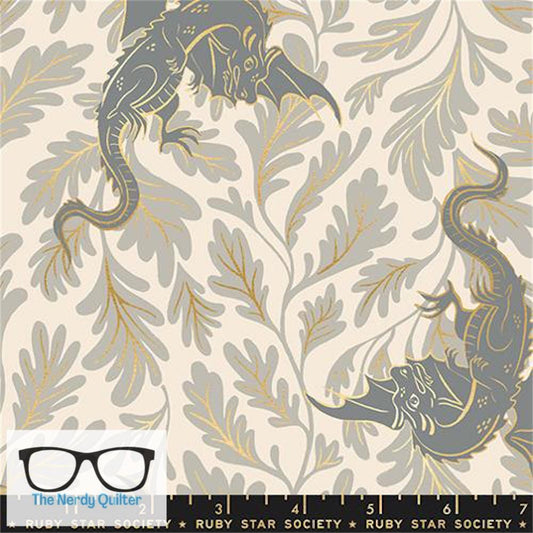 Preorder: Fireglow Flying Dragons in Metallic Oyster by Sarah Watts for Moda *October Delivery*