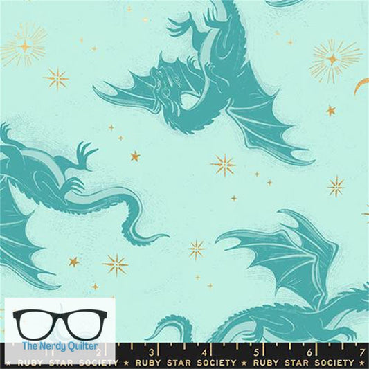 Preorder: Fireglow Flying Dragons in Metallic Mint by Sarah Watts for Moda *October Delivery*