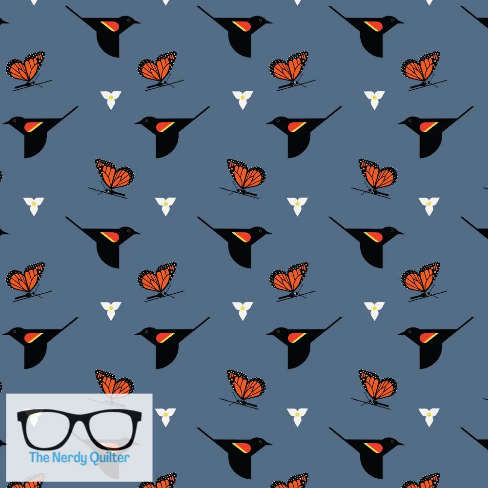 Preorder: Charley Harper Shaker Lakes Bird and Butterfly Poplin by Charley Harper for Birch Fabrics